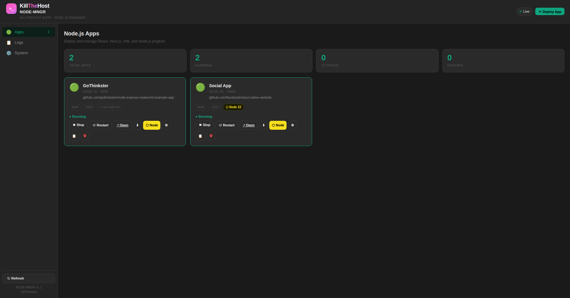NODE-MNGR interface screenshot