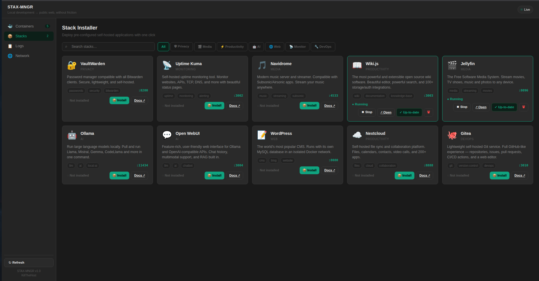 STAX-MNGR interface screenshot
